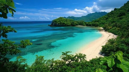 Obraz premium A captivating photograph of a remote, pristine island with lush greenery and a small, sandy beach. The crystal-clear waters surrounding the island and the vibrant colors of the foliage emphasize the