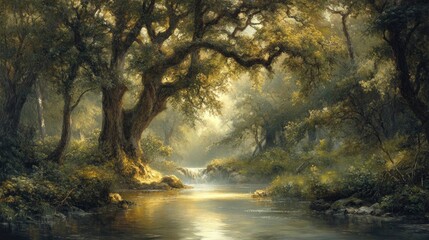 Fototapeta premium A serene view of a hidden, unspoiled forest with ancient trees and a gently flowing stream. The soft, dappled light filtering through the canopy creates a peaceful and enchanting atmosphere in this