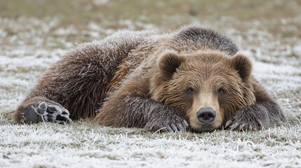 Obraz premium A large grizzly bear resting on a frosty field, its fur covered in a thin layer of frost, as it lays peacefully in the chilly winter landscape