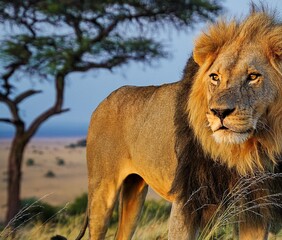 A powerful lion stands proudly on a grassy hill, gazing over the savannah at golden hour. The warm sunlight enhances its majestic mane, surrounded by trees and distant mountains