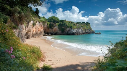 Fototapeta premium A captivating photograph of a hidden, serene beach with golden sand and calm, turquoise waters. The surrounding cliffs and lush vegetation create an idyllic and tranquil atmosphere in this remote