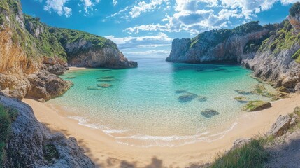 A captivating photograph of a hidden, serene beach with golden sand and calm, turquoise waters. The surrounding cliffs and lush vegetation create an idyllic and tranquil atmosphere in this remote