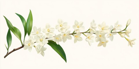 A delicate branch of white flowers with green leaves, showcasing the beauty of nature in a serene and elegant composition.