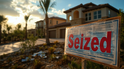 Seized sign in front of luxury home, indicating property status