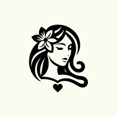 Elegant Charm Black Logo with a Woman's Face Iconic Simplicity Vector Icon of Black Female Face. beautiful floral girl with love sign icon logo