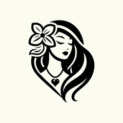 Elegant Charm Black Logo with a Woman's Face Iconic Simplicity Vector Icon of Black Female Face. beautiful floral girl with love sign icon logo