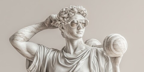 Obraz premium A modern sculpture of a classical figure wearing sunglasses, showcasing a blend of tradition and contemporary style.