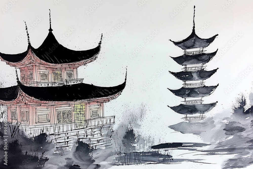 Wall mural chinese traditional culture style architecture ancient architecture ancient tower ink painting chine