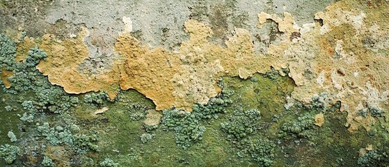 Fototapeta premium A close-up texture of peeling paint and moss on a concrete wall.