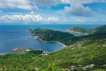 Fototapeta premium A beautiful scenery from Lamma Island hiking trails from Sok Kwu Wan and ling kok shan overlook the mountains, seascape and shoreline
