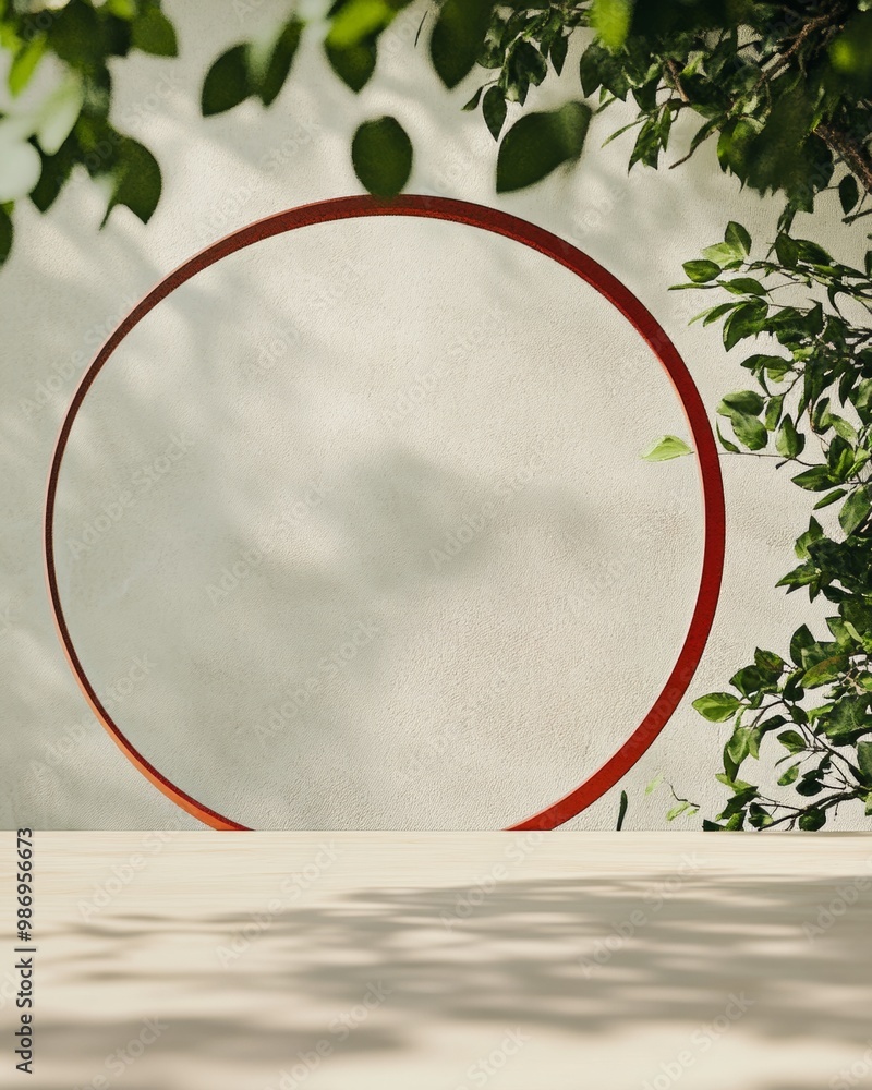 Aufkleber Minimalist Wooden Table with Circular Red Frame and Green Foliage - Natural, Serene Setting for Product Display