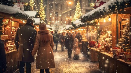 Couple Enjoying a Romantic Evening Walk at a Vibrant Christmas Market Under Twinkling Lights and Gentle Snowfall .