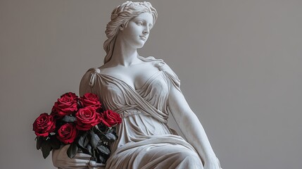 Naklejka premium Eternal Beauty: A timeless marble statue of a woman, adorned with a bouquet of vibrant red roses, exudes an air of grace and serenity. 