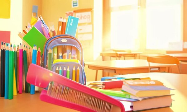 A colorful backpack overflowing with vibrant school supplies shiny pencils, bright books with fun covers, a sparkly ruler, and a cute pencil case