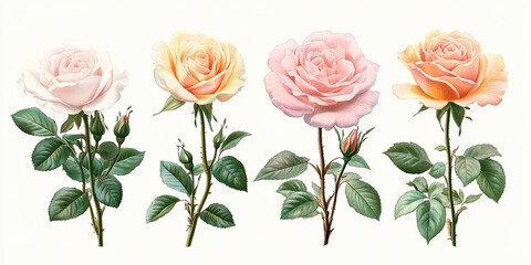 Watercolor Rose Collection: A delicate and elegant collection of four watercolor roses in shades of pink and white, each with a bud and green leaves. The roses are depicted in a classic vintage style 