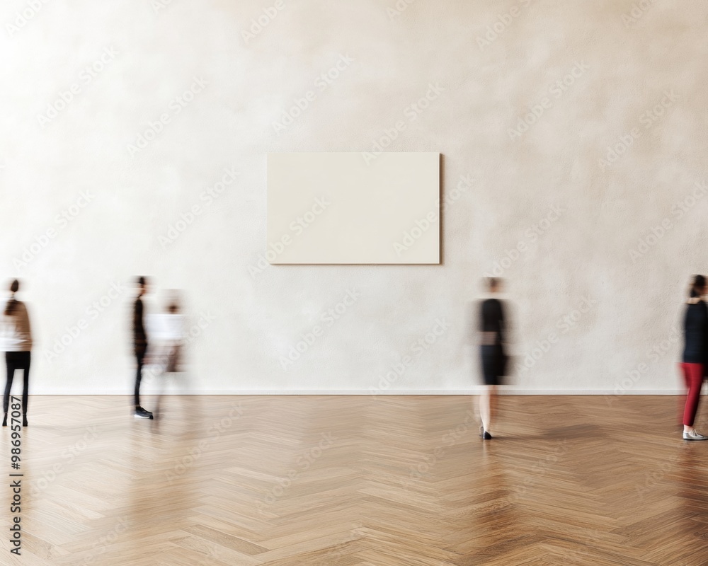 Poster Dynamic Gallery Scene with Blurred Motion and Modern Art Display in Warm and Diffused Lighting
