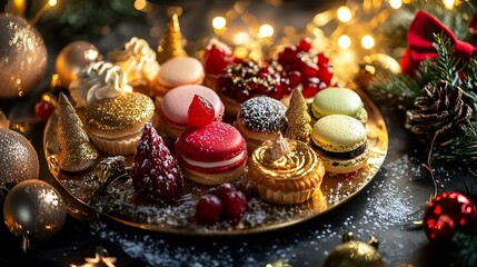 Festive Christmas Dessert Platter with Colorful Macarons and Glittery Decorations Amidst Fairy Lights.
