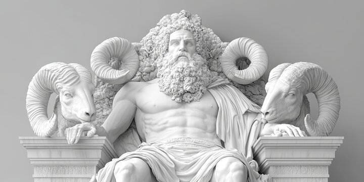 Zeus, King of the Gods: A majestic marble statue of Zeus, the king of the Olympian gods, sits enthroned with his rams,  symbolizing power and dominance. His imposing presence and intricate details evo