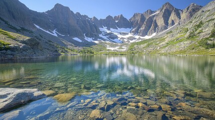 Obraz premium A breathtaking view of a secluded, unspoiled glacier lake with clear waters and surrounded by rugged mountain peaks. The serene reflection of the landscape in the still waters emphasizes the