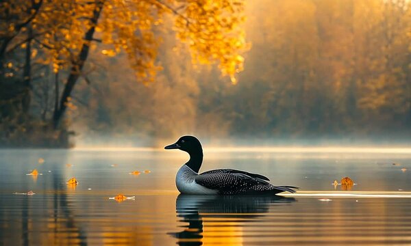 Lone Loon in Autumn Mist