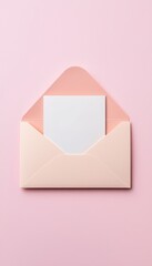 Stylish open envelope with a blank card on pink background.
