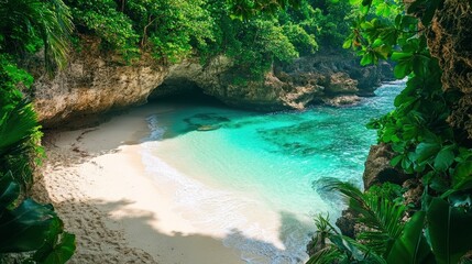 Naklejka premium A captivating photograph of a hidden, serene beach with white sand and calm, turquoise waters. The surrounding cliffs and lush vegetation create an idyllic and tranquil atmosphere in this isolated