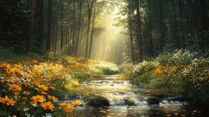 Obraz premium A stunning image of a secluded, pristine forest glade with a gently flowing stream and vibrant wildflowers. The dappled sunlight filtering through the canopy creates a warm, golden light that