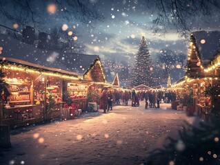 Enchanting Christmas Market at Night with Snowfall and Festive Lights.