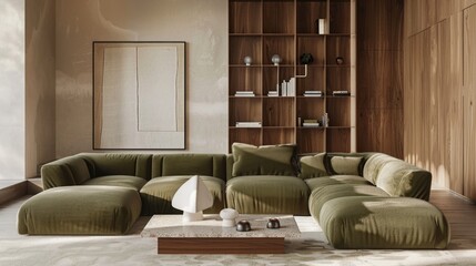 Cozy Modern Interior: Large sectional sofa, terrazzo table, wooden decor.
