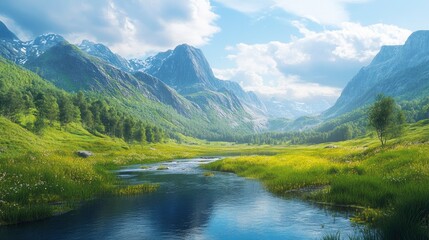 Fototapeta premium A captivating view of a hidden, serene river valley with lush green meadows and a gently flowing river. The surrounding mountains and the clear blue sky create a peaceful and picturesque atmosphere