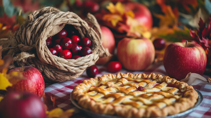Cornucopia on a checkered tablecloth with apples, cranberries, and a pie in the foreground, Thanksgiving
