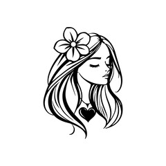 Elegant Charm Black Logo with a Woman's Face Iconic Simplicity Vector Icon of Black Female Face. beautiful floral girl with love sign icon logo