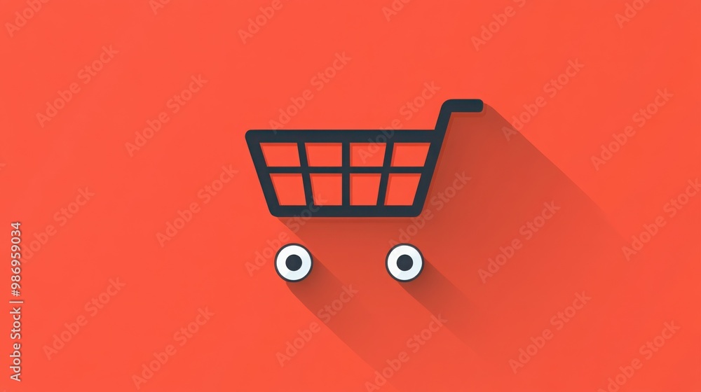 Poster a simple, modern shopping cart icon on an orange background, featuring a shadow effect that adds dep
