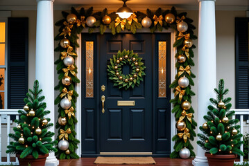 A houses front door features Christmas decorations and a wreath