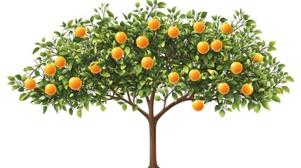 Orange tree isolated on a white transparent background, featuring ripe oranges and lush green leaves.