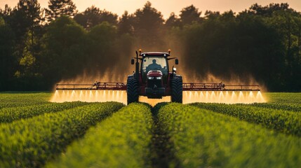 Fototapeta premium Tractor Spraying Crops Field Agriculture Sunset