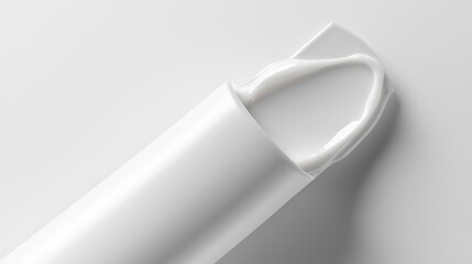 The top of a white cream tube with focus on its smooth texture, set against a minimalist white background, evoking purity and elegance with soft lighting and clean design.