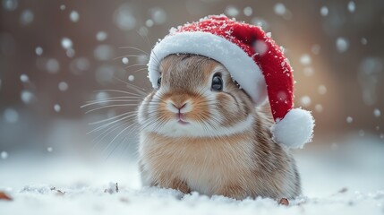 Small rabbit is wearing a red hat and standing in the snow. The hat is shaped like a santa hat. adorable bunny nestled in a winter setting, wearing a cozy, Santa hat with, blending well
