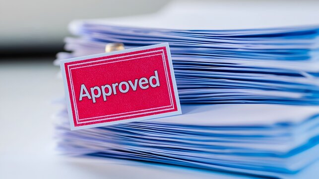 Approved Stamp on Stack of Business Documents on White Background