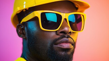Man wearing a yellow hard hat and sunglasses. He is looking up. The background is yellow. an african american construction worker with a bright yellow construction hat, and bright yellow cool shades.