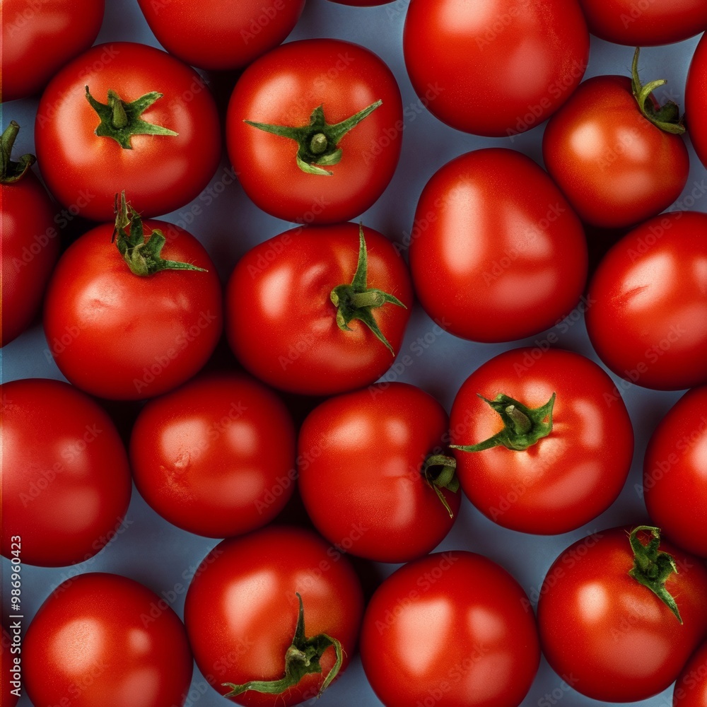 Poster Aerial View of Symmetrical Red Tomatoes Pattern on Soft Gray Background - Vibrant and Detailed Geometric Arrangement