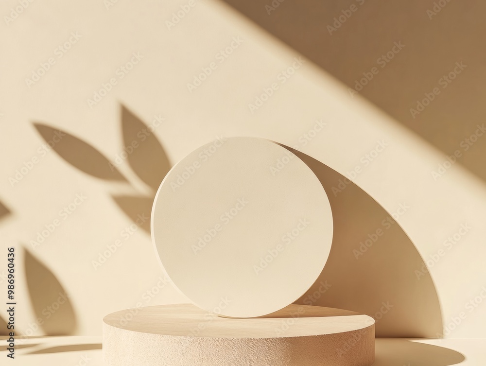 Poster minimalist beige round podium mockup with soft shadows and natural light texture for product showcas