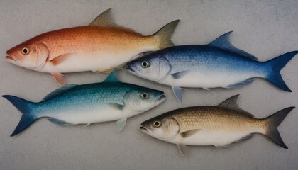 Fototapeta premium Four different colored fish are shown in a row