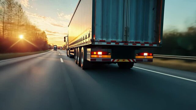 Truck road with motion blur effect. Fast freight transportation highway, vehicle with trailer. Logistic delivery business, professional driving. Blurred traffic, diesel trucking travel.