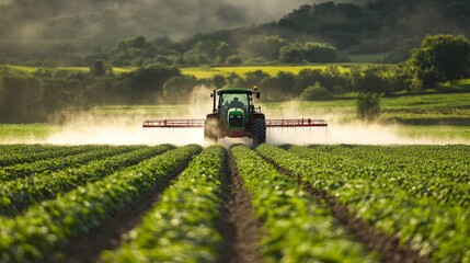 Fototapeta premium Tractor Spraying Crops in Field with Dust Cloud