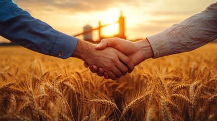 Farmers Shaking Hands in Wheat Field at Sunset