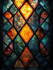 A Close-Up of a Stained Glass Window with Diamond-Shaped Panels