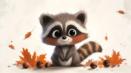 Fototapeta premium A cute cartoon raccoon plays in autumn leaves, surrounded by acorns.