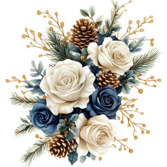 Winter watercolor floral bouquets with white roses, blue flowers, pinecones, and gold accents, festive holiday arrangement