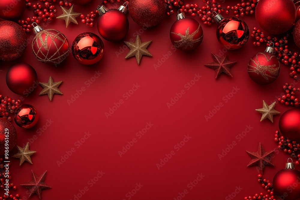 Poster red background with a red border. there are many red balls on the background. some of them are in th